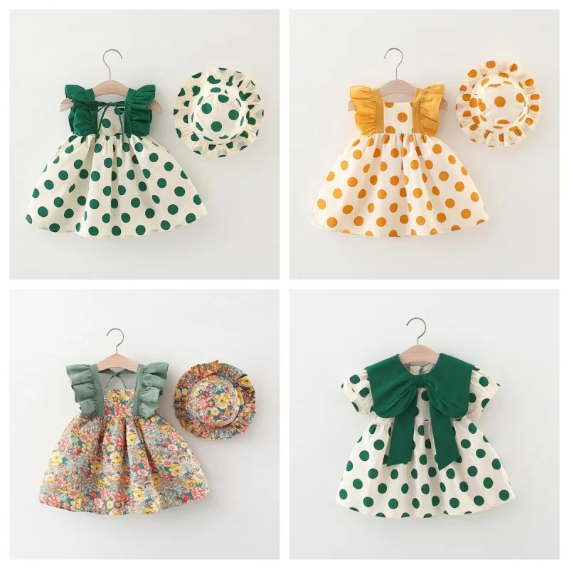 Vestido de algodón floral de verano para niña con sombrero