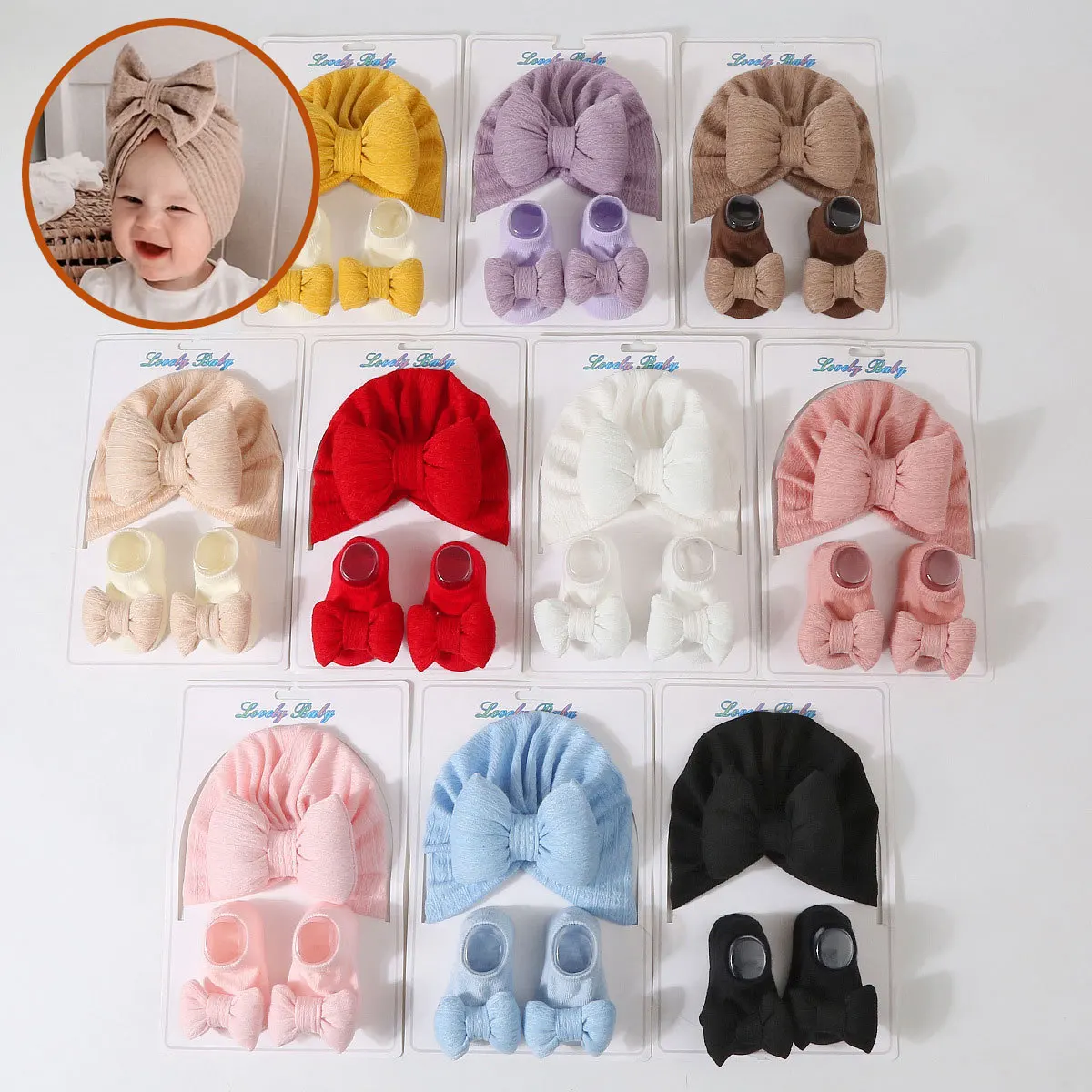 Conjunto calcetines y gorro lazo para bebé niña – Algodón suave elástico - imagen 3