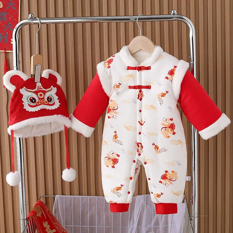 Pelele de invierno grueso rojo con sombrero y dibujos estilo chino - imagen 3