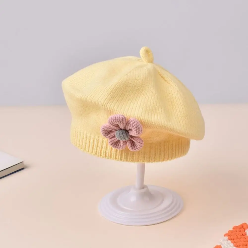 Gorro boina de punto cálido con flores para niña, estilo princesa - imagen 3