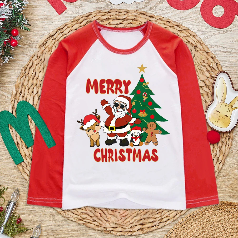 Camiseta navideña para niños manga larga raglán con Papá Noel y ciervo - imagen 2