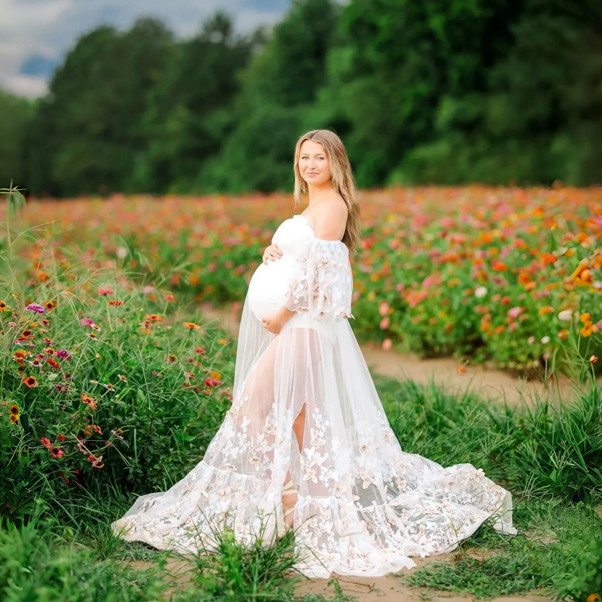 Vestido de embarazo tul bordado con encaje para fotos, cuello V - imagen 3
