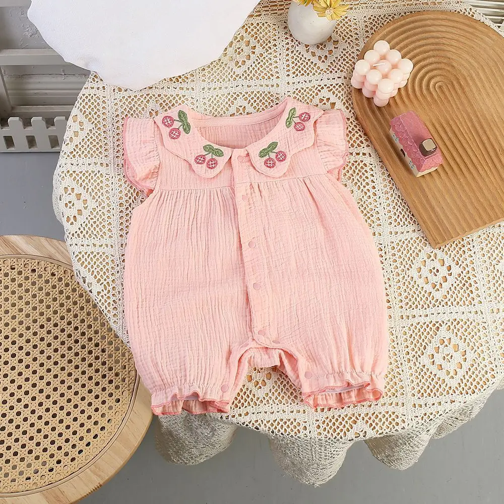 Mameluco de verano para niña con bordado y manga corta transpirable