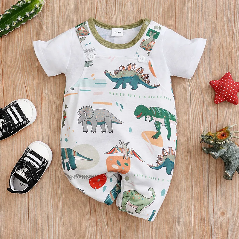 Mono de dinosaurios estampado verde para bebé niño manga corta verano