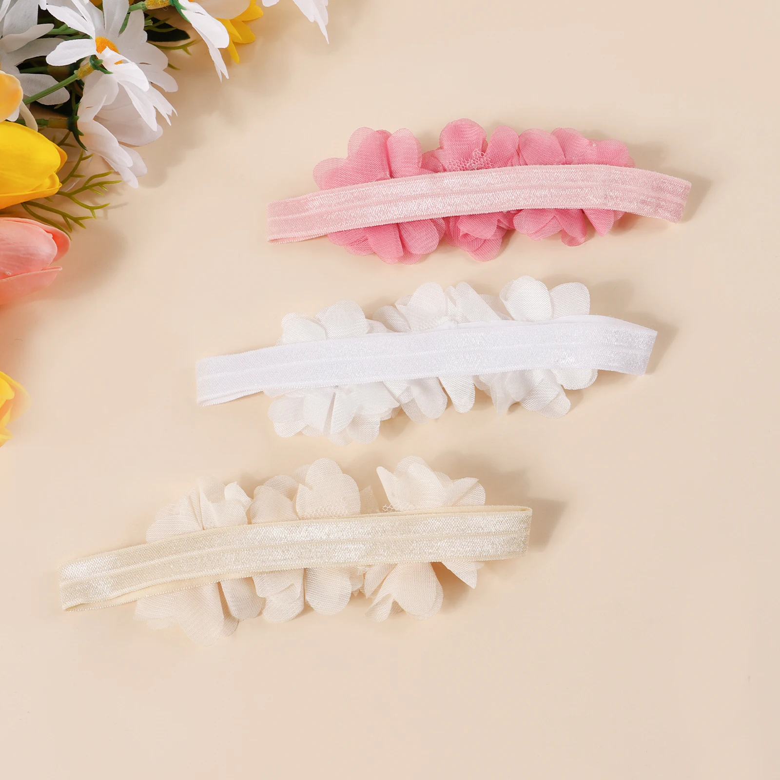 Diadema bebé de nailon suave con flores de gasa para niña - imagen 4