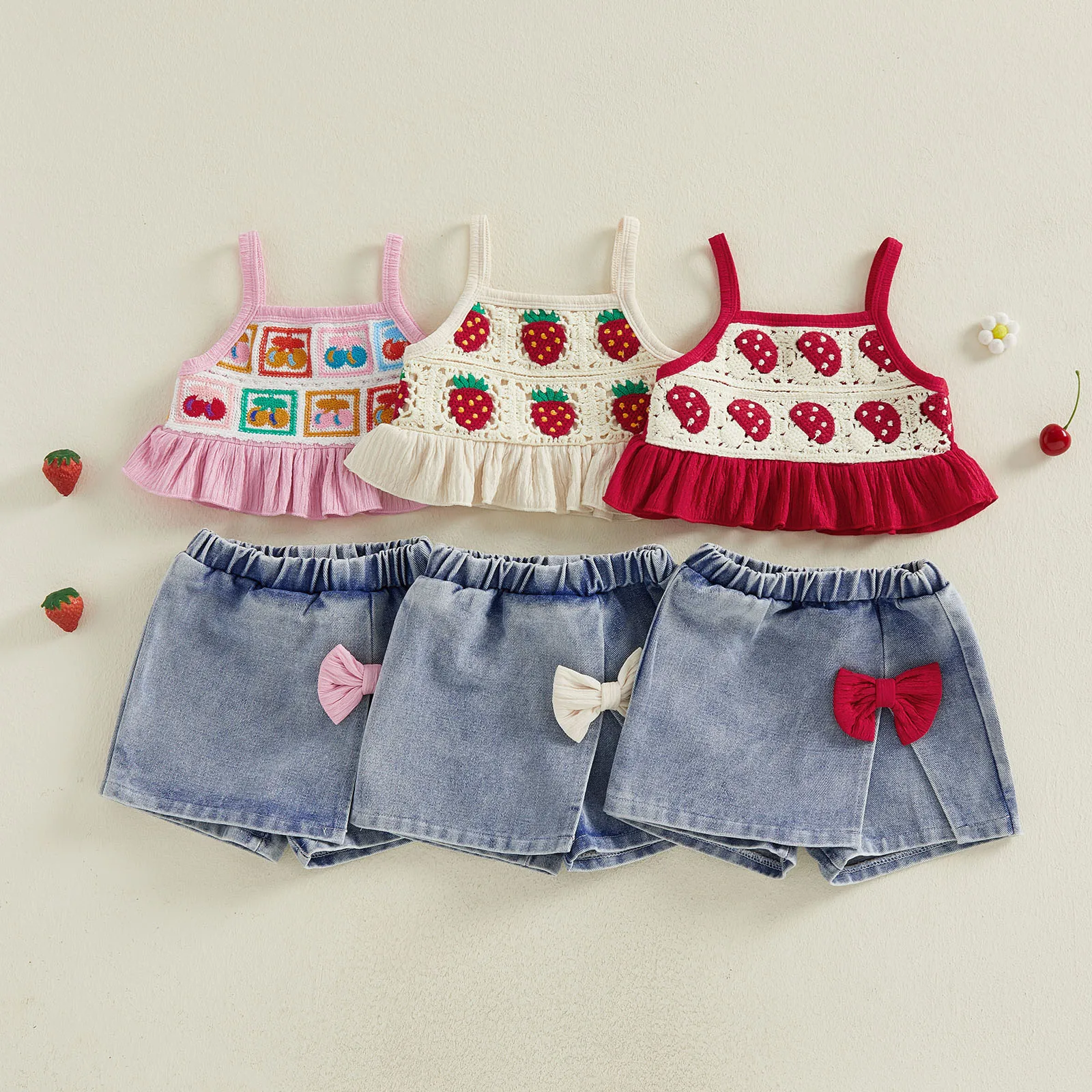 Conjunto verano bebé niña de algodón con falda pantalón vaquera y lazo - imagen 4
