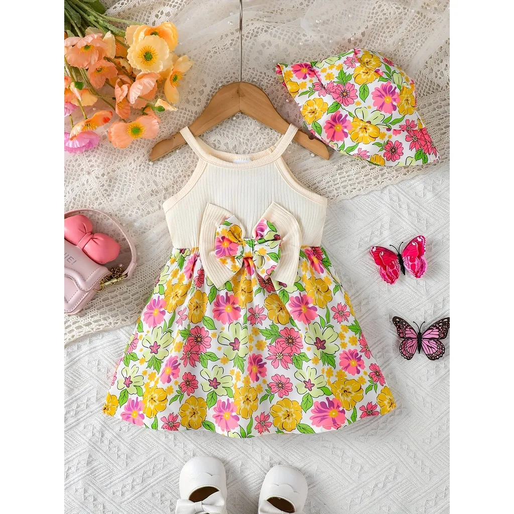 Vestido floral sin mangas para niña con lazo y sombrero de ala ancha