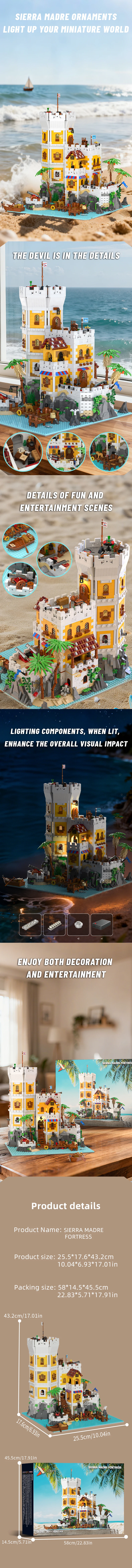 Vista frontal de la fortaleza pirata con luz LED encendida