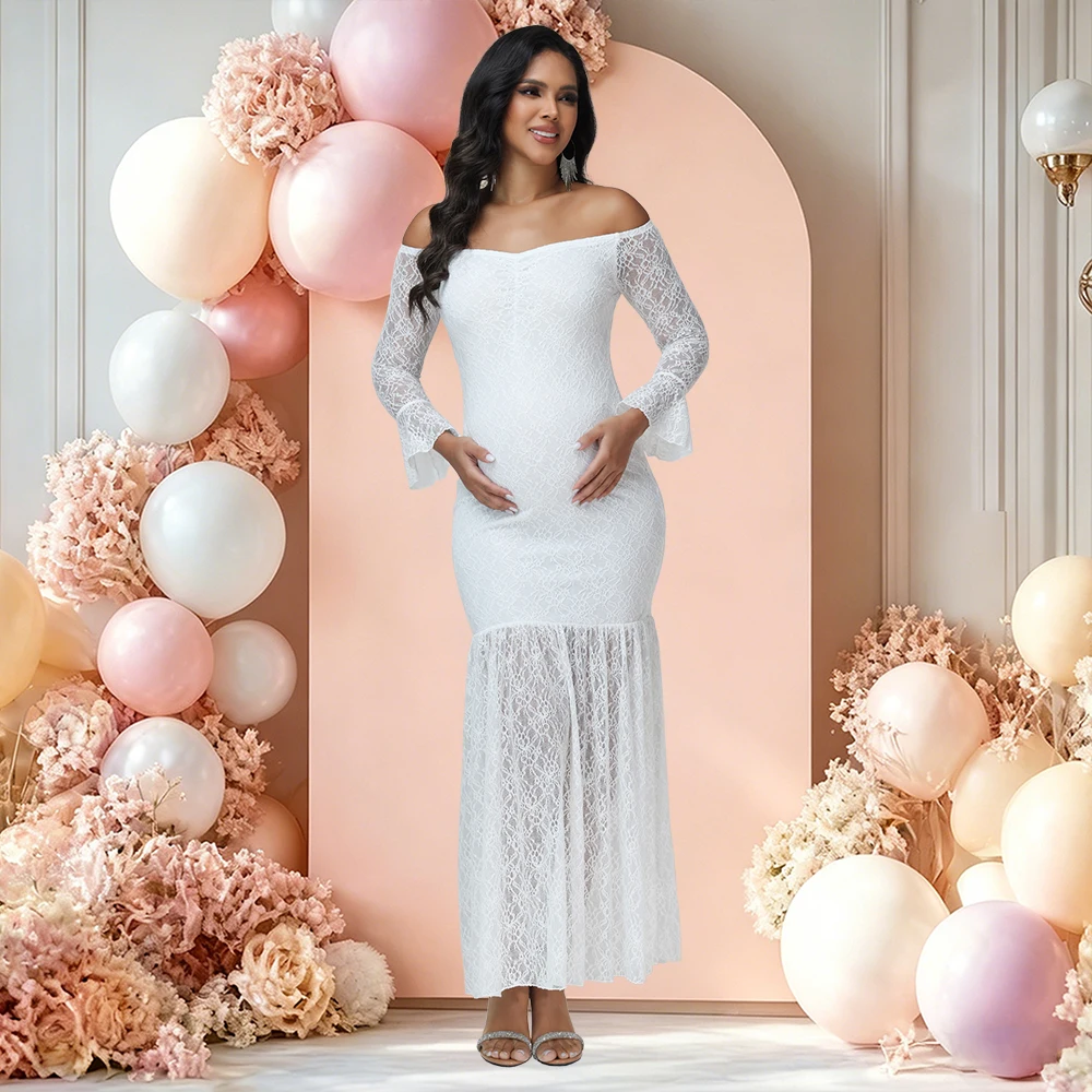 Vestido de maternidad elegante con hombros descubiertos y volantes - imagen 3