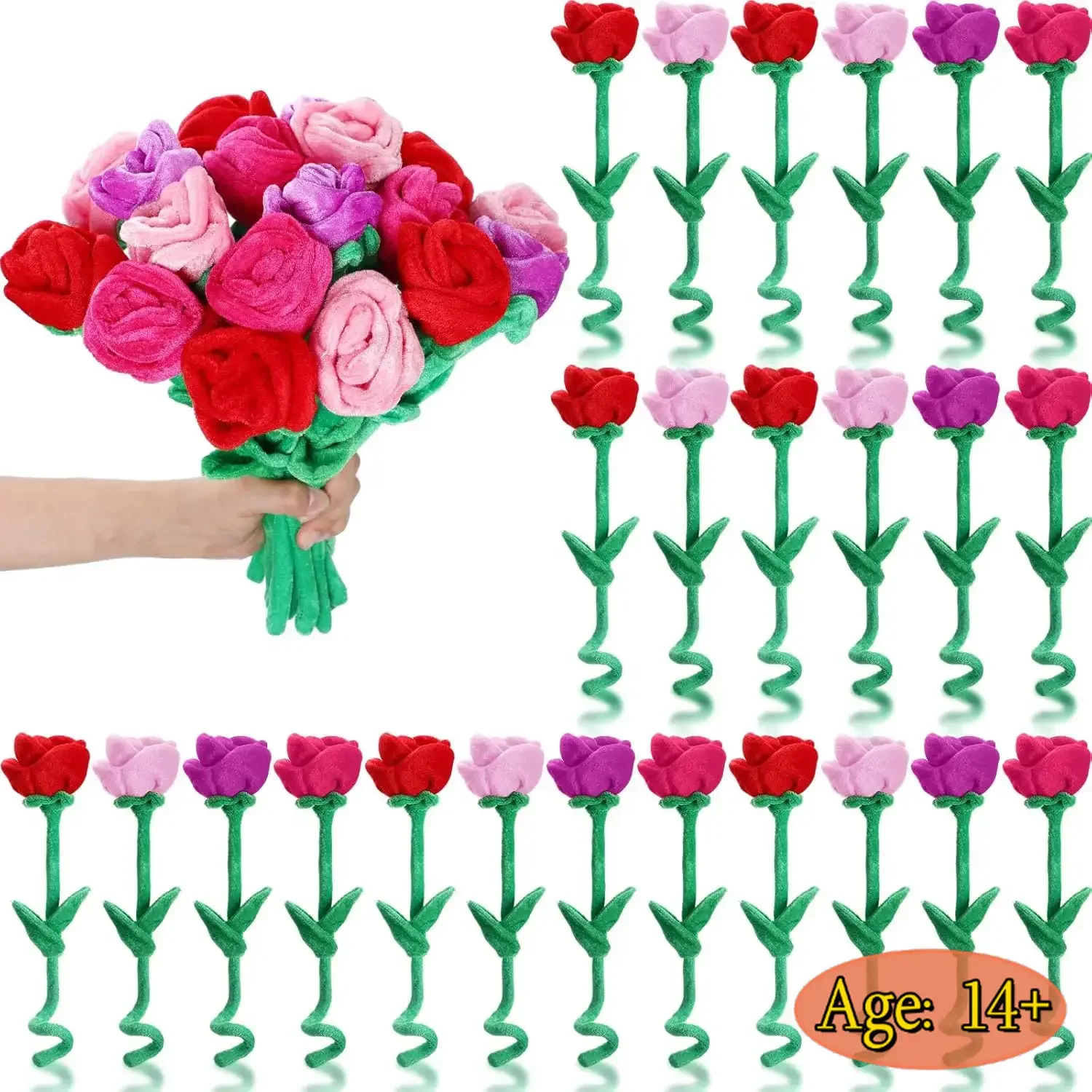 Rosa de peluche con tallo flexible, suave y esponjosa