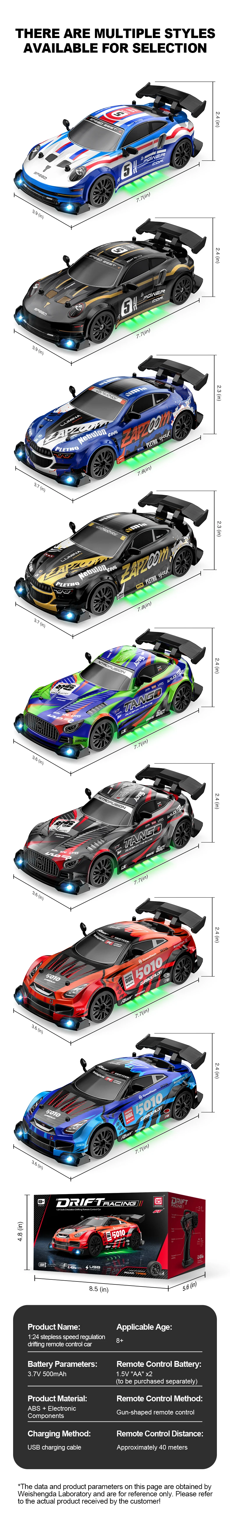 Primer plano del coche RC CONUSEA mostrando su chasis y neumáticos de deriva