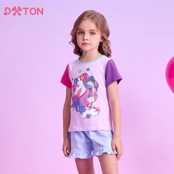 DXTON Camiseta niña manga corta algodón unicornio floral verano
