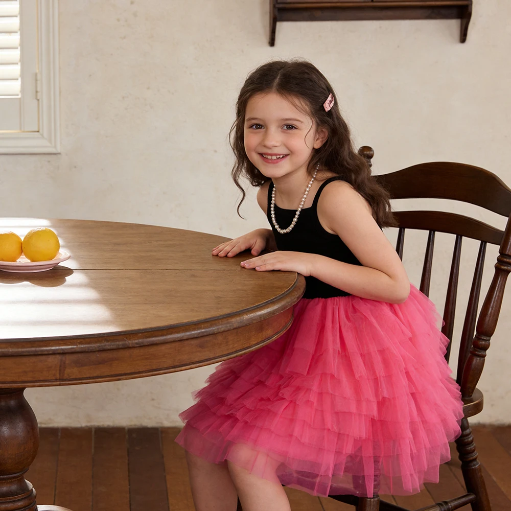 DXTON Vestido de verano para niñas tul y algodón con tirantes