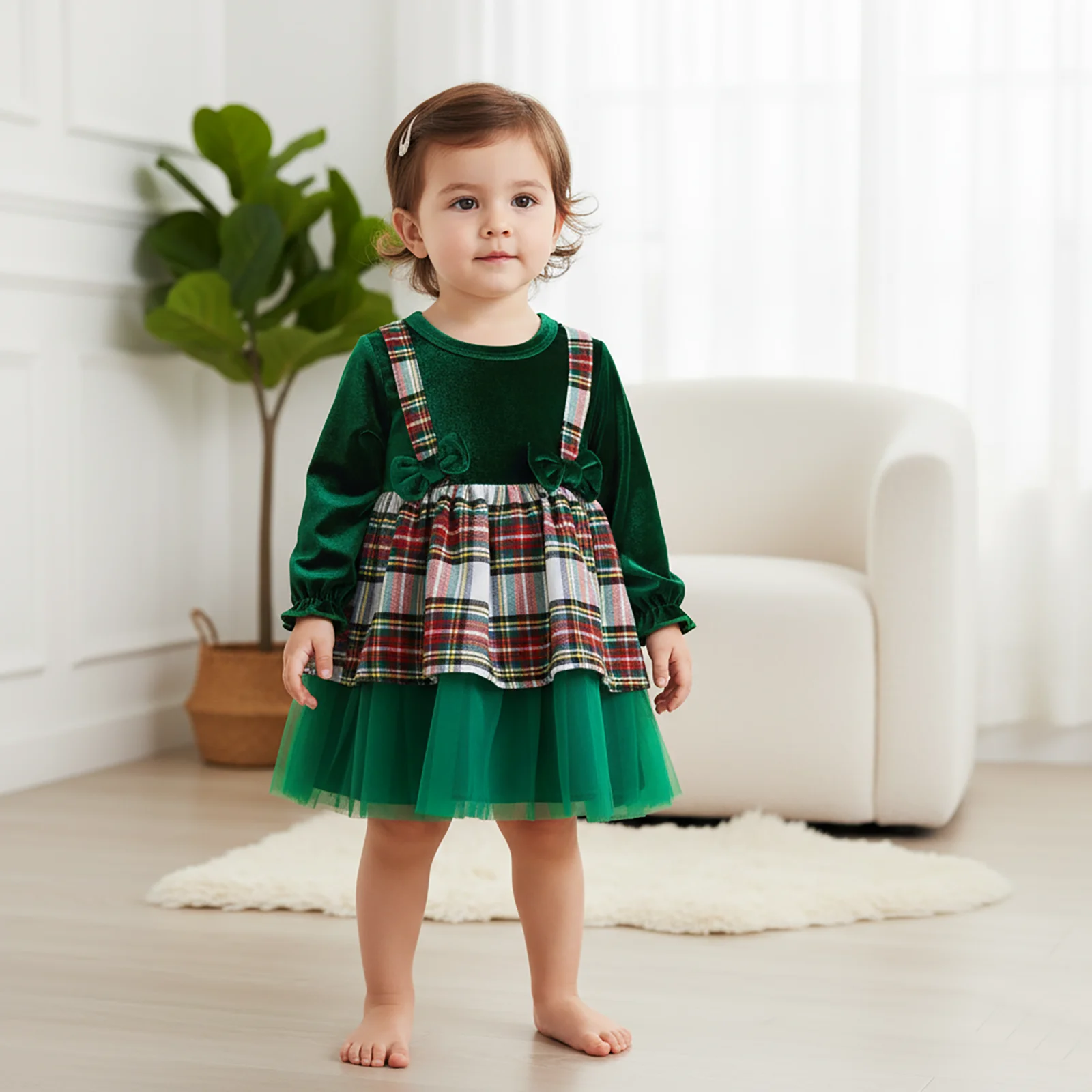 ViSgogo Vestido de Navidad terciopelo niña – Manga larga cuadros - imagen 2
