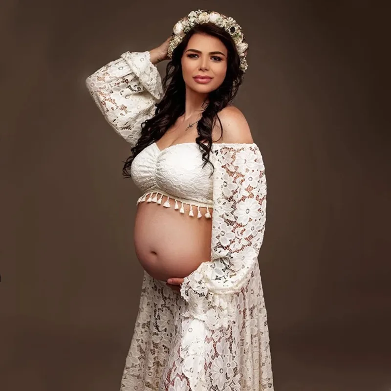 Vestido de embarazo boho con encaje y volantes para fotos