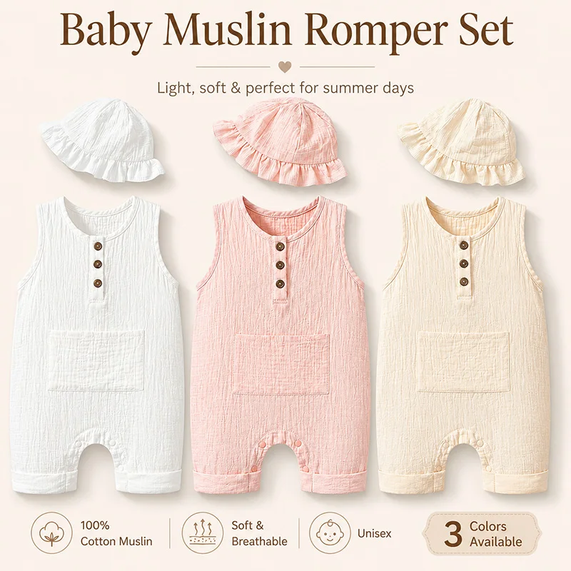 Conjunto muselina bebé mono y gorro verano algodón suave - imagen 4