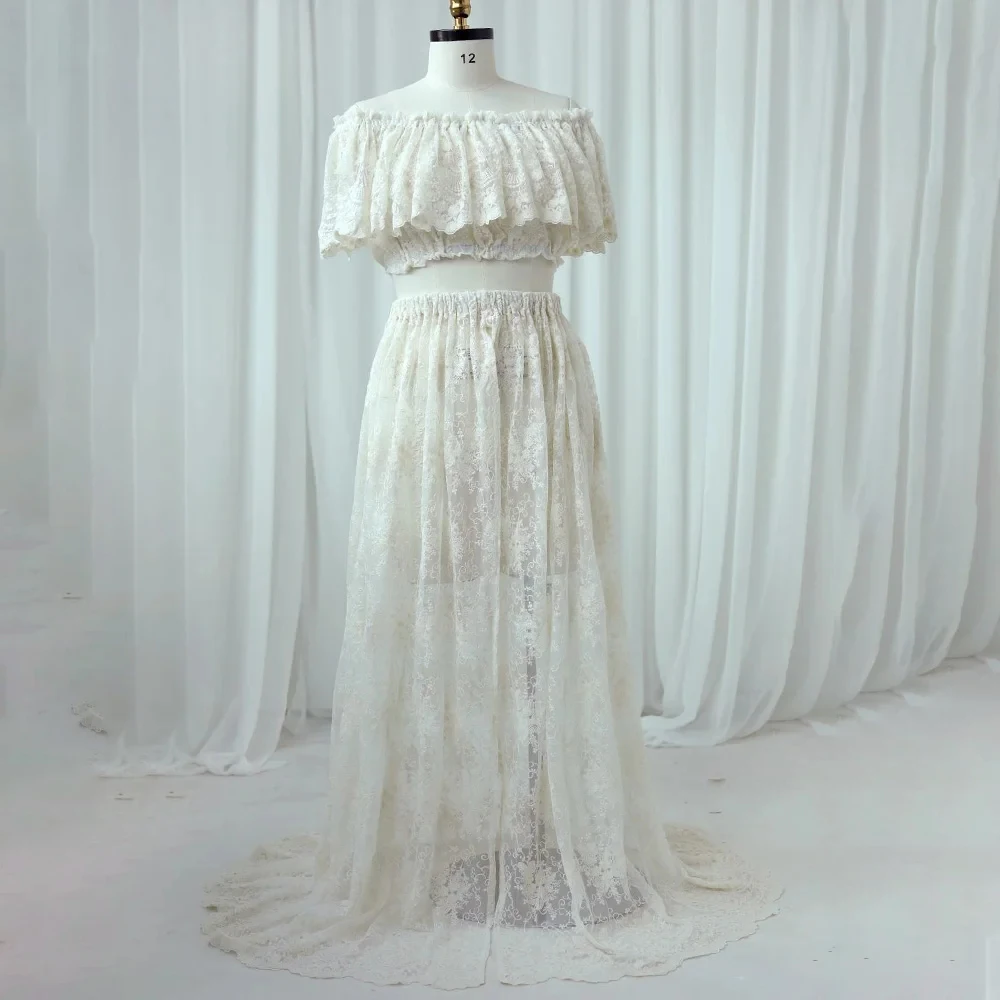 Vestido de embarazo maxi de tul transparente bordado fuera del hombro - imagen 2