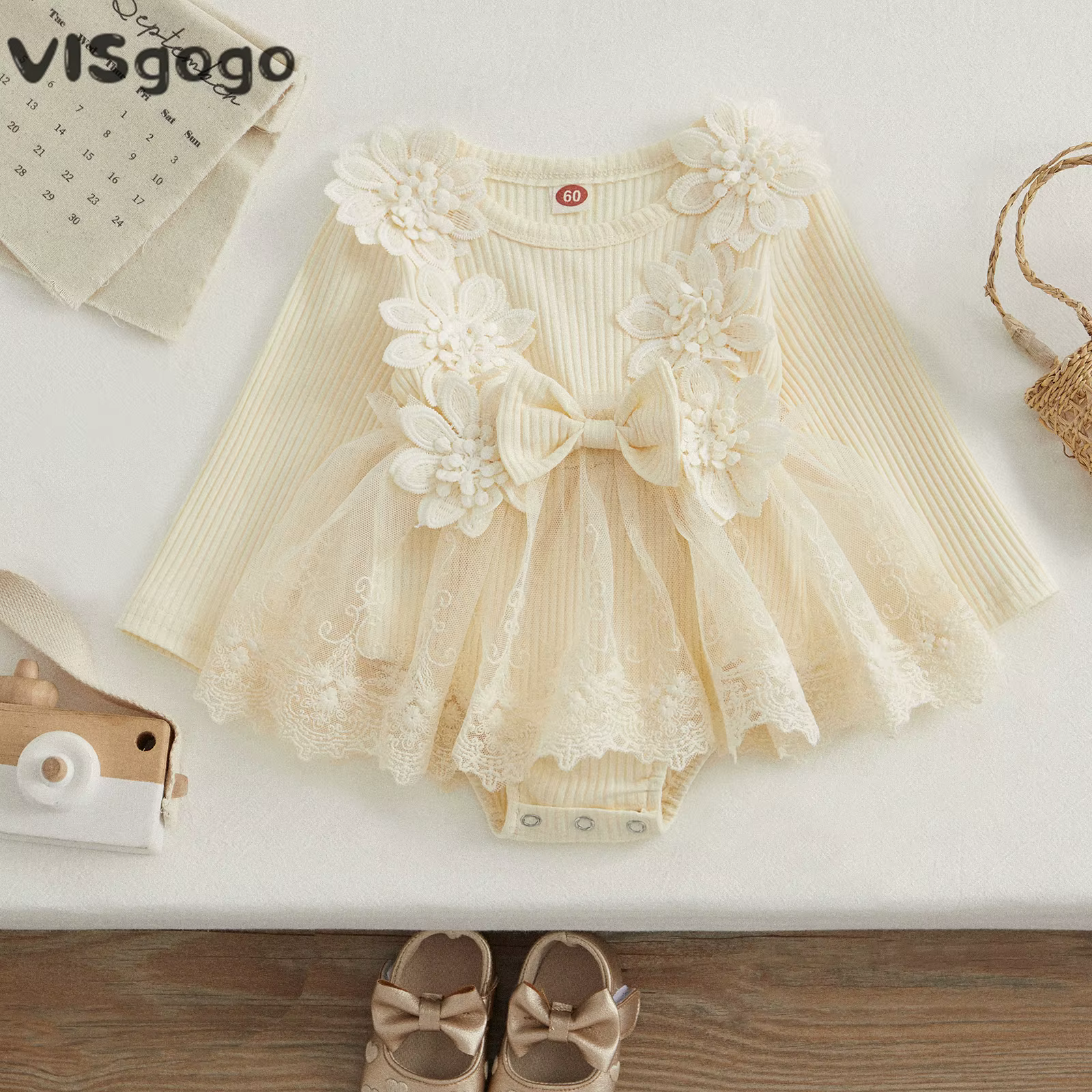 VISgogo vestido floral de tul para niña – Manga larga