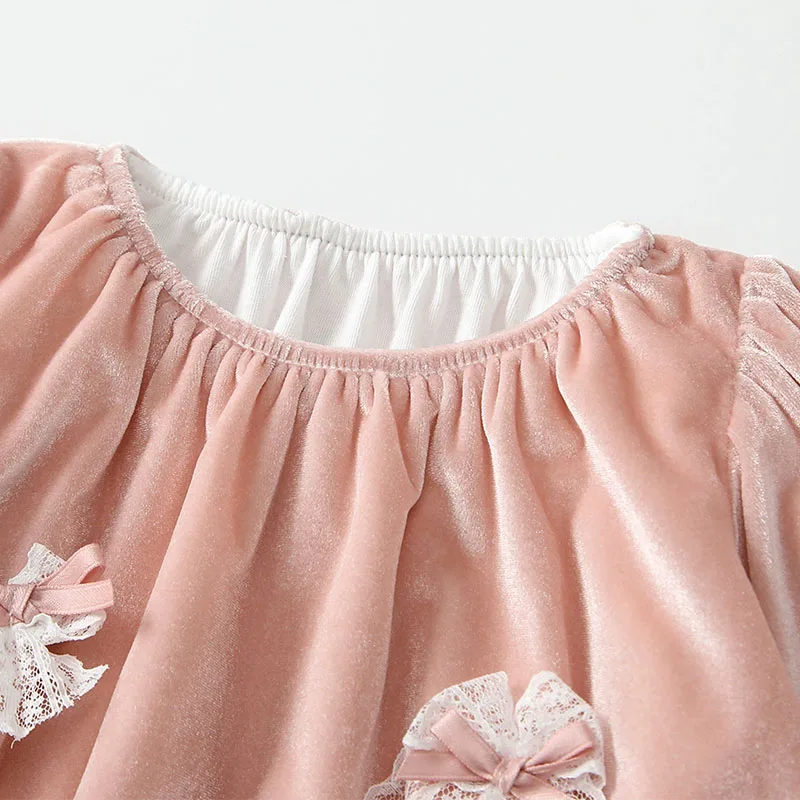 Mono rosa de terciopelo manga larga para niña con lazo y diadema - imagen 4
