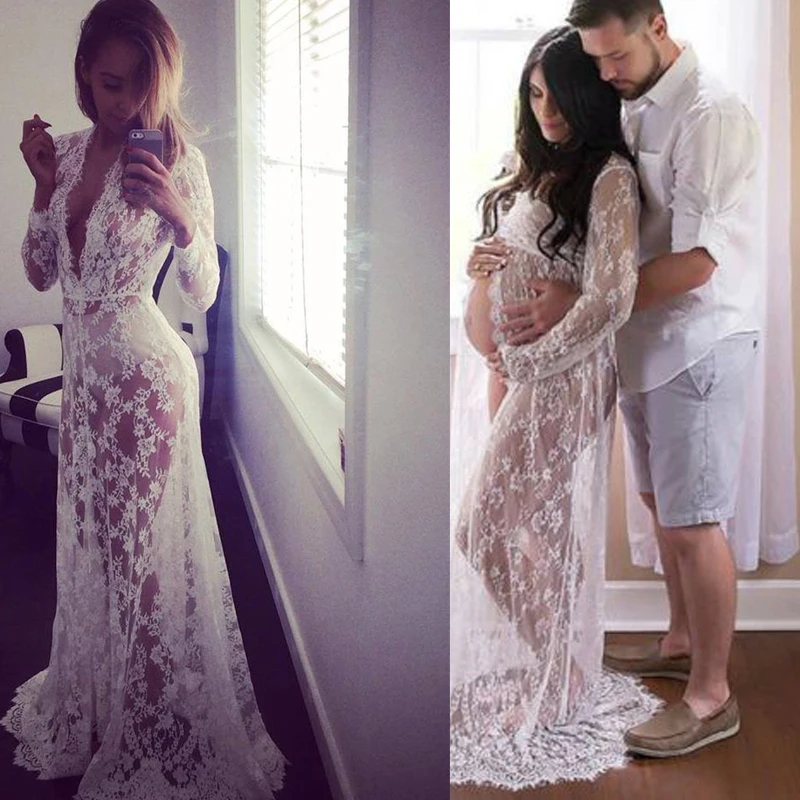 Vestido de maternidad con escote en V y manga larga de encaje - imagen 4