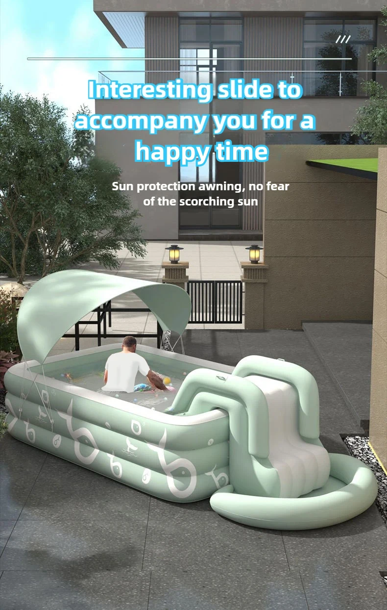 Piscina grande inflable con tobogán y sombrilla para jardín