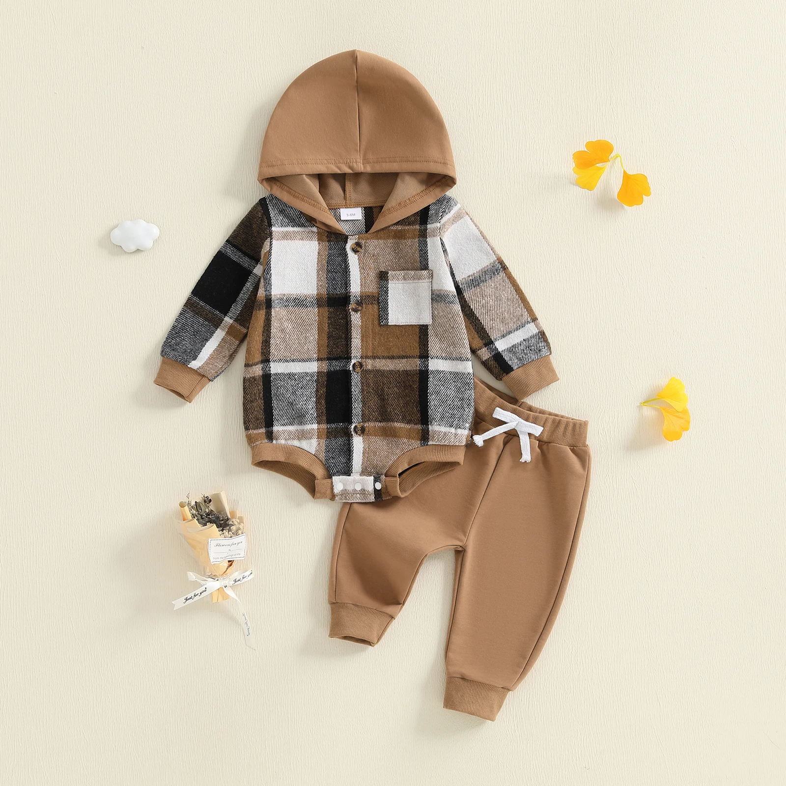 Tregren Conjunto de otoño para bebé con pelele y capucha a cuadros - imagen 4