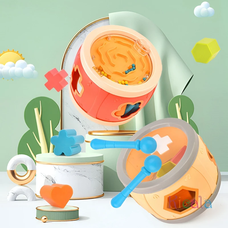 Tambor multifuncional infantil con colores vivos y formas geométricas