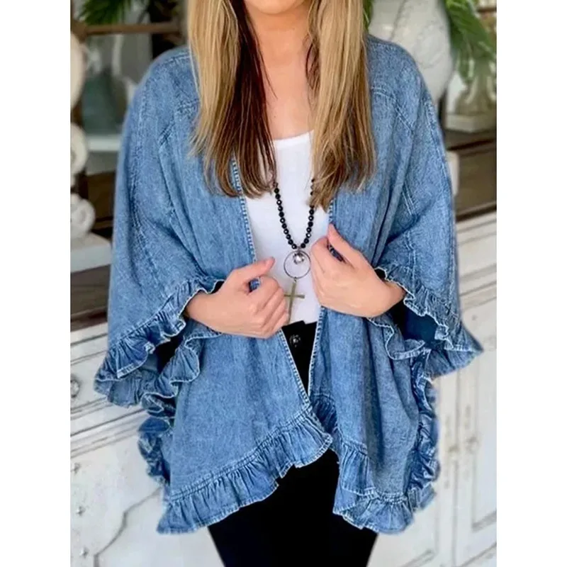 Chaqueta vaquera vintage de mujer holgada con bolsillos y volante - imagen 2