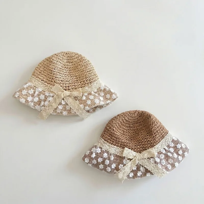 Sombrero de sol de paja con lazo y encaje floral para niña - imagen 4