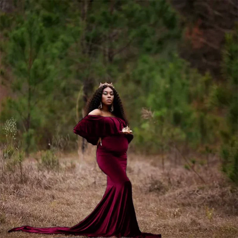 Vestido de maternidad invierno terciopelo dorado con encaje - imagen 2