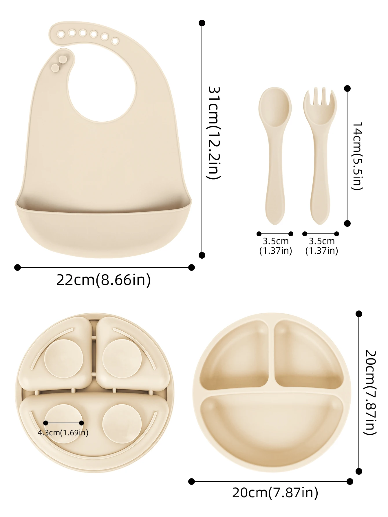 Set alimentación bebé silicona mango madera cubiertos y babero sin BPA - imagen 3