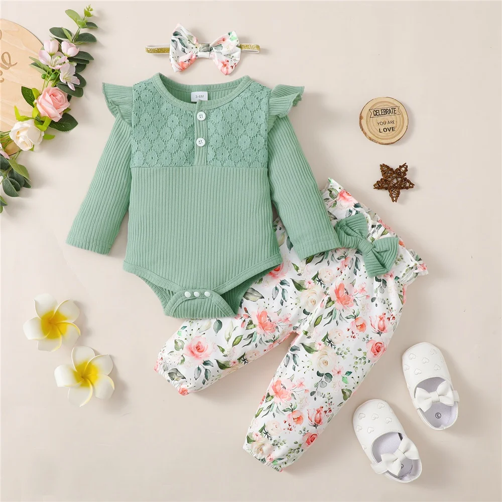 Conjunto niña 0-18 meses: pelele verde con top y pantalón floral - imagen 2