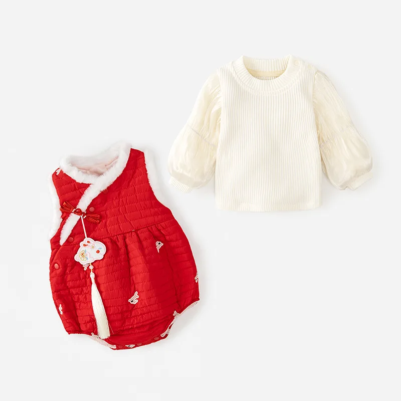 Pelele bebé niña invierno conjunto polar rojo estilo chino - imagen 2