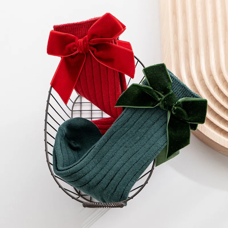 Calcetines navideños de algodón suave con lazo para niñas - imagen 2