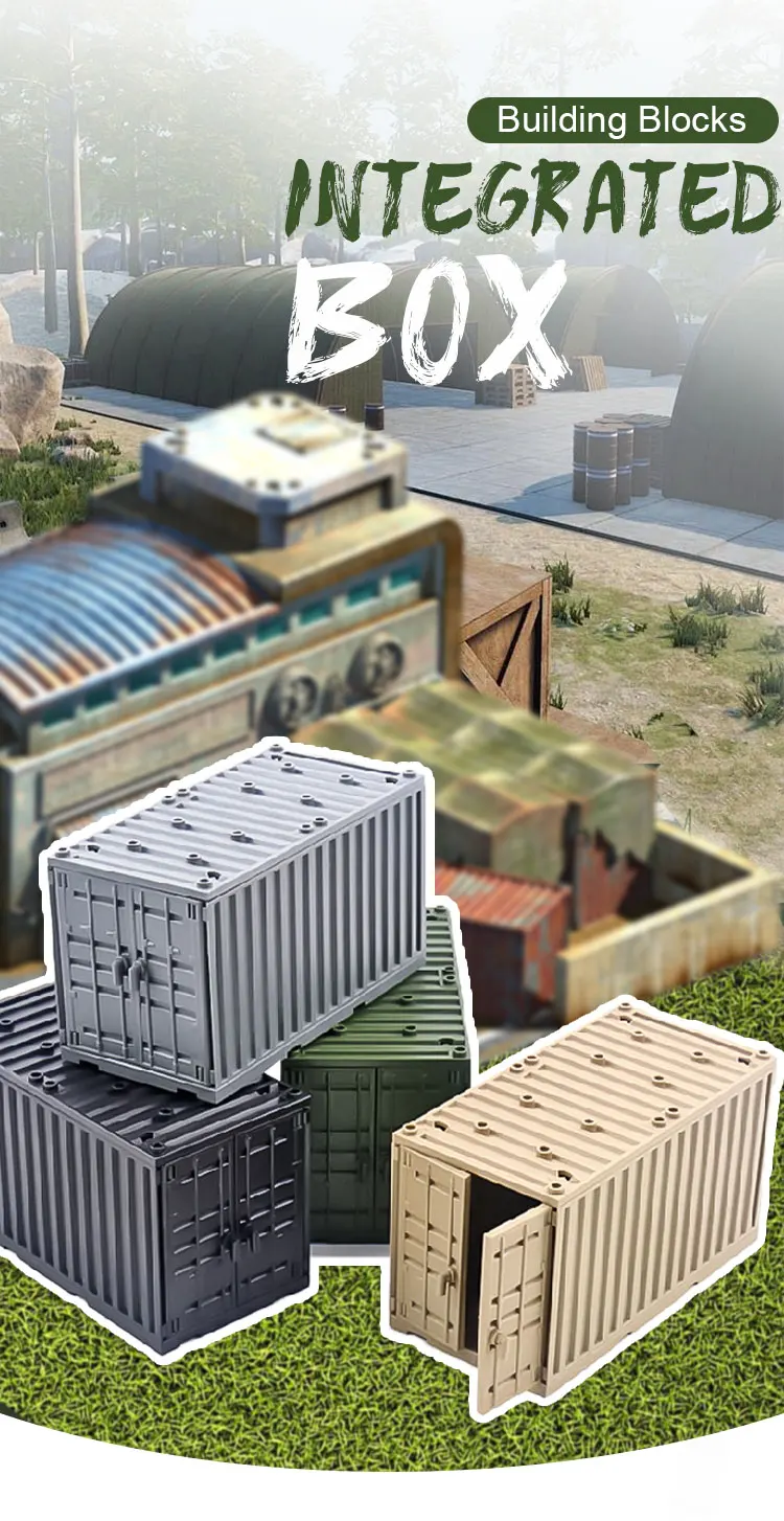 Set de construcción militar con contenedores y figuras de soldados