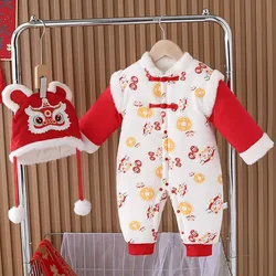 Pelele de invierno grueso rojo con sombrero y dibujos estilo chino