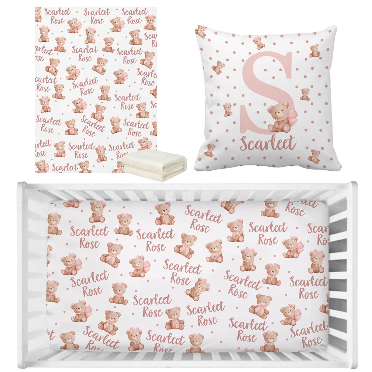 Juego de cama para cuna de oso con nombre personalizado