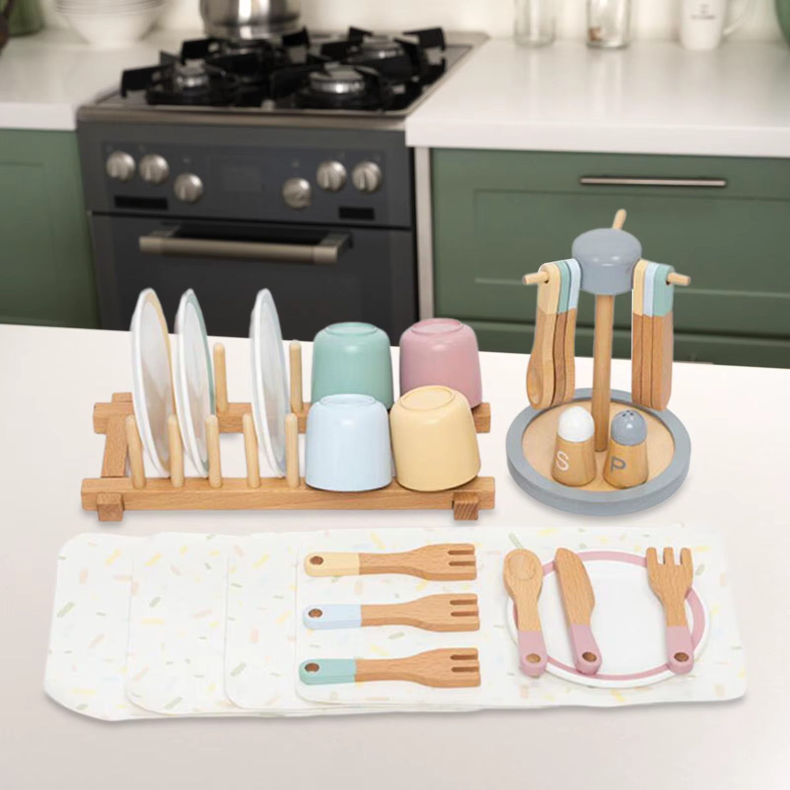 Platos de juguete de madera Montessori con tazas a juego - imagen 3