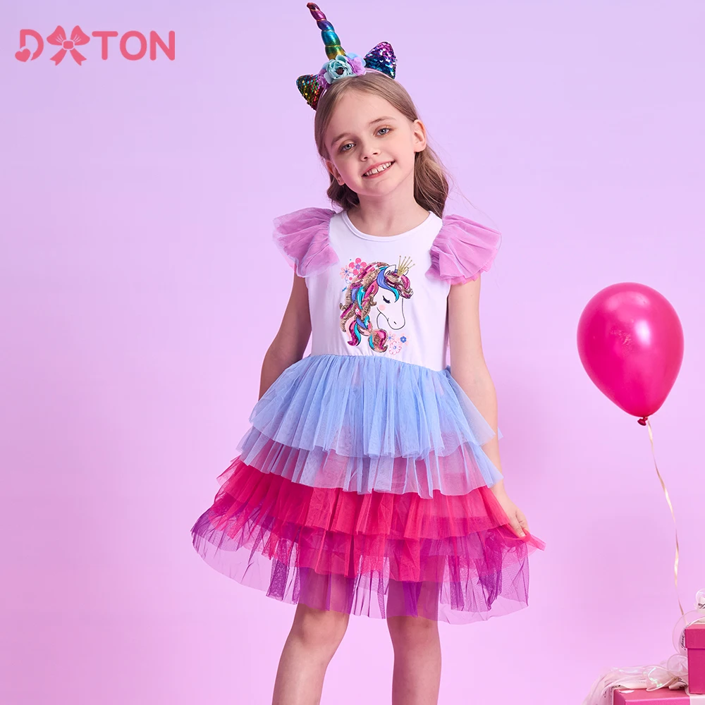 DXTON Vestido unicornio veraniego con capa de malla para niños - imagen 2