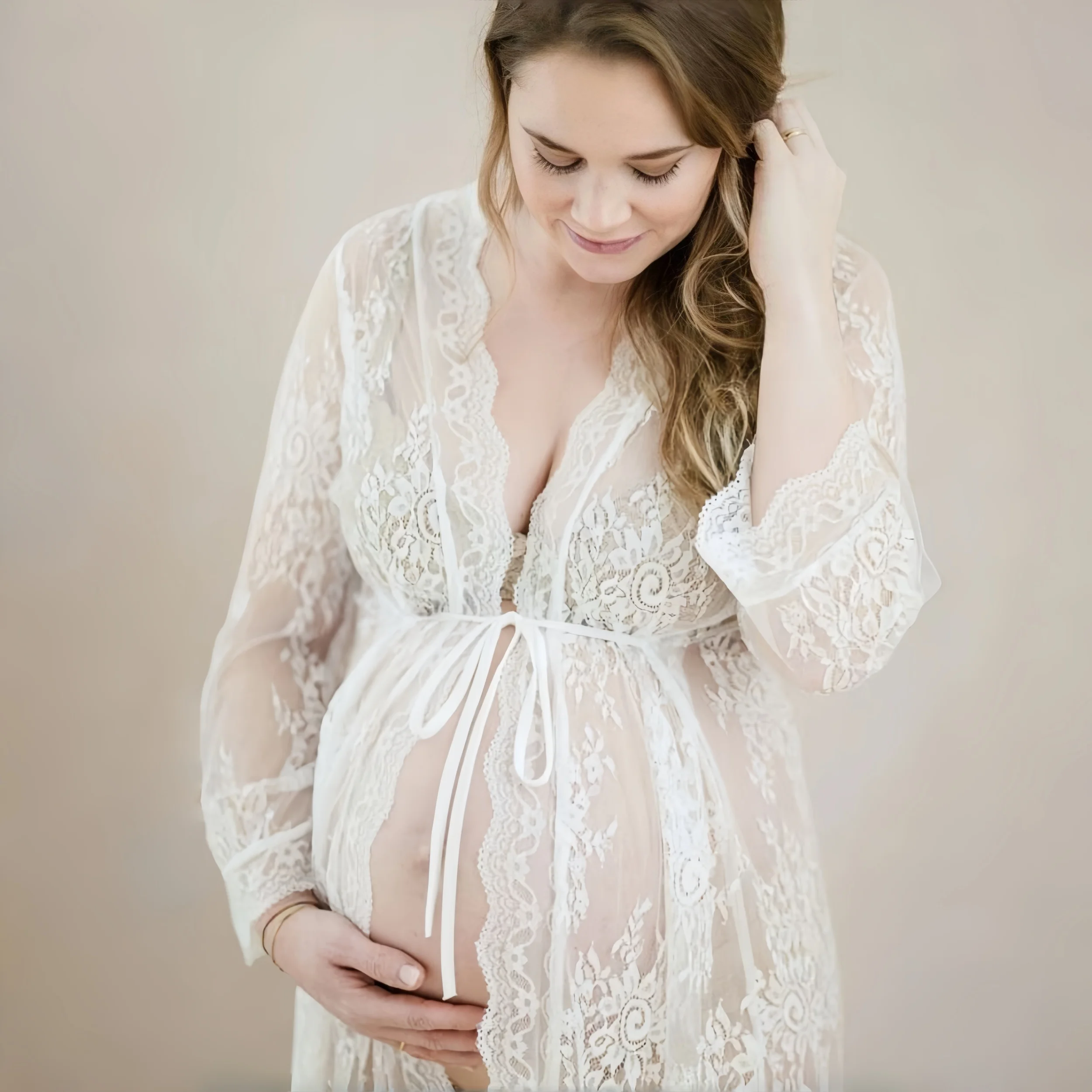 Vestido playa maternidad encaje transparente – Cuello V manga larga - imagen 2