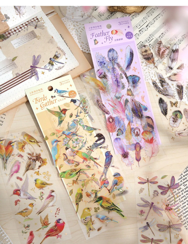 Pegatinas vintage con plumas de aves oceánicas en estilo dibujos animados