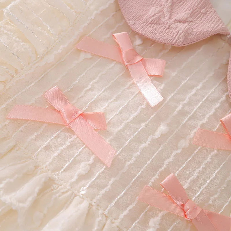 Vestido de niña de algodón con lazo en cuello y manga abombada - imagen 2