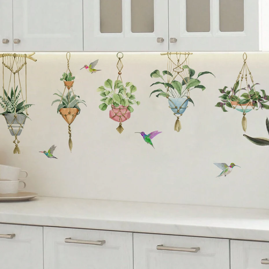 Pegatinas de pared con plantas y pájaros verdes acuarela para hogar
