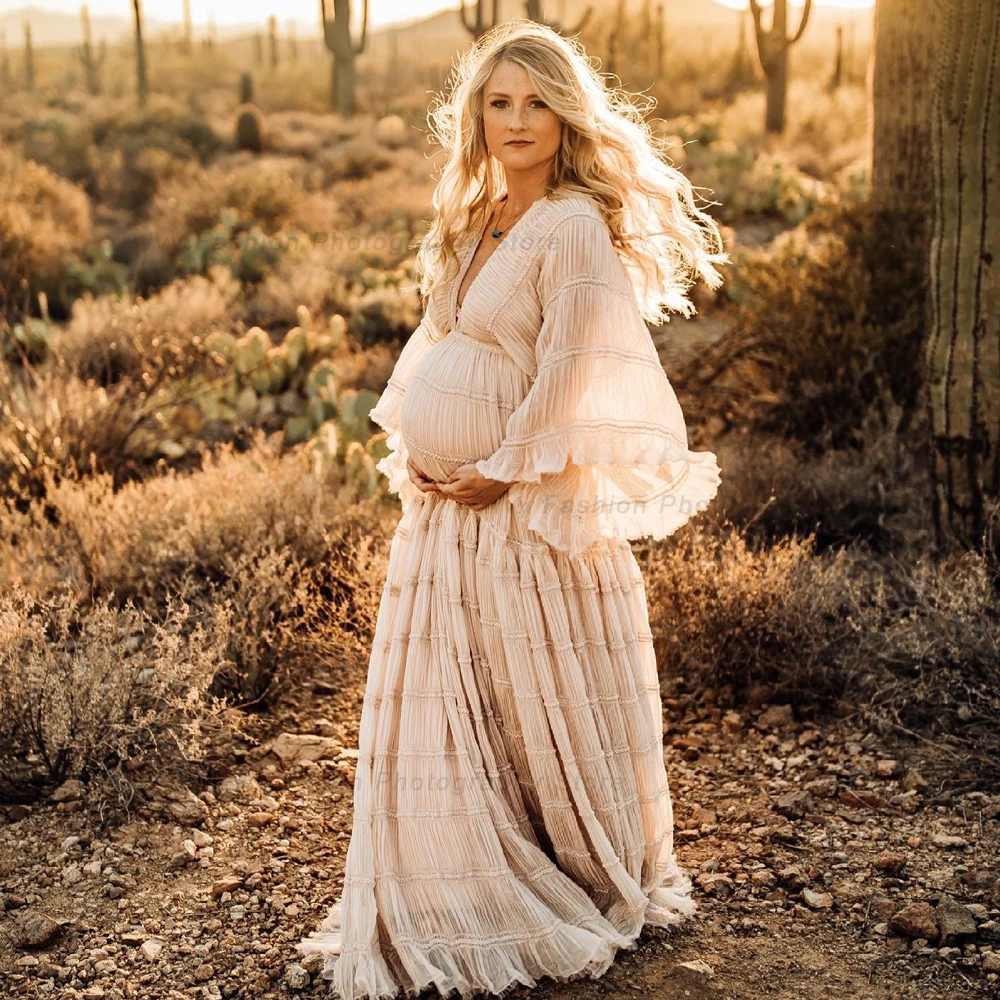 Vestido bohemio de maternidad para fotos – Gasa plisada y manga larga - imagen 3