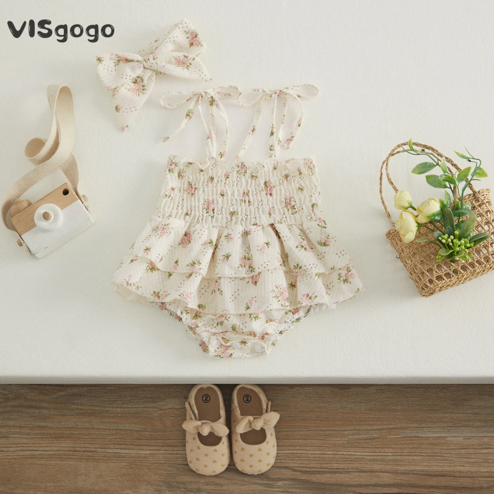 Mono floral de verano para niña sin mangas con volantes y diadema - imagen 2