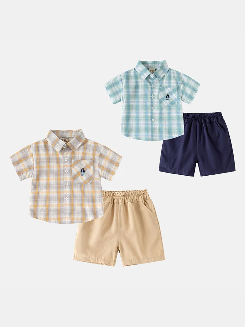 MILANCEL conjunto de verano para niños con camisa de cuadros y shorts - imagen 2