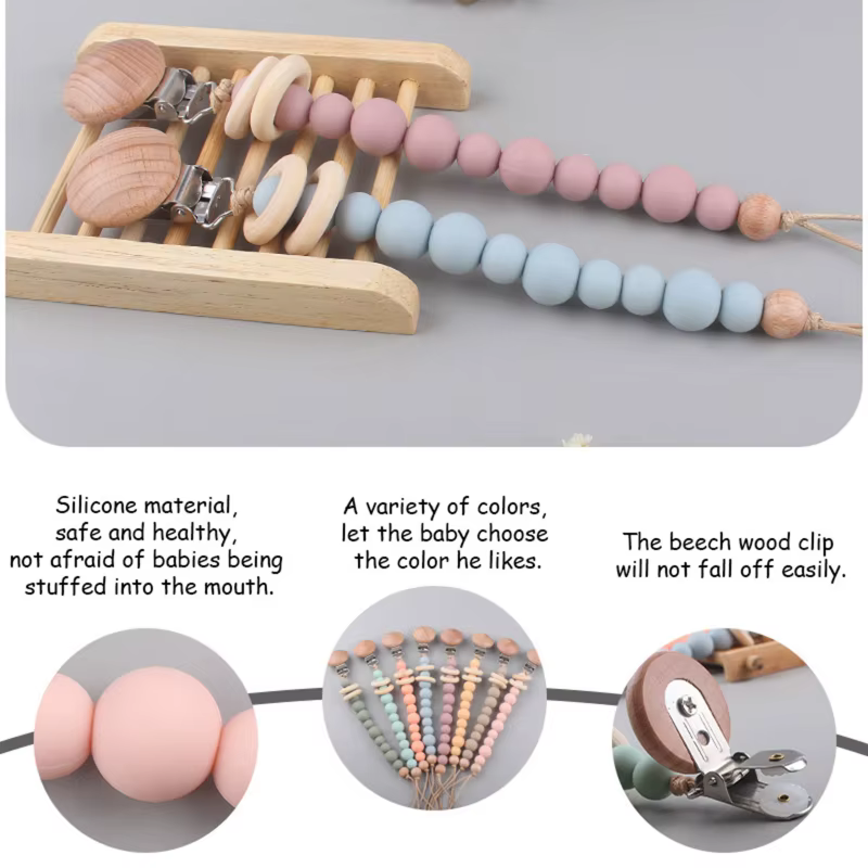 Sujetachupetes de silicona y madera natural para bebé