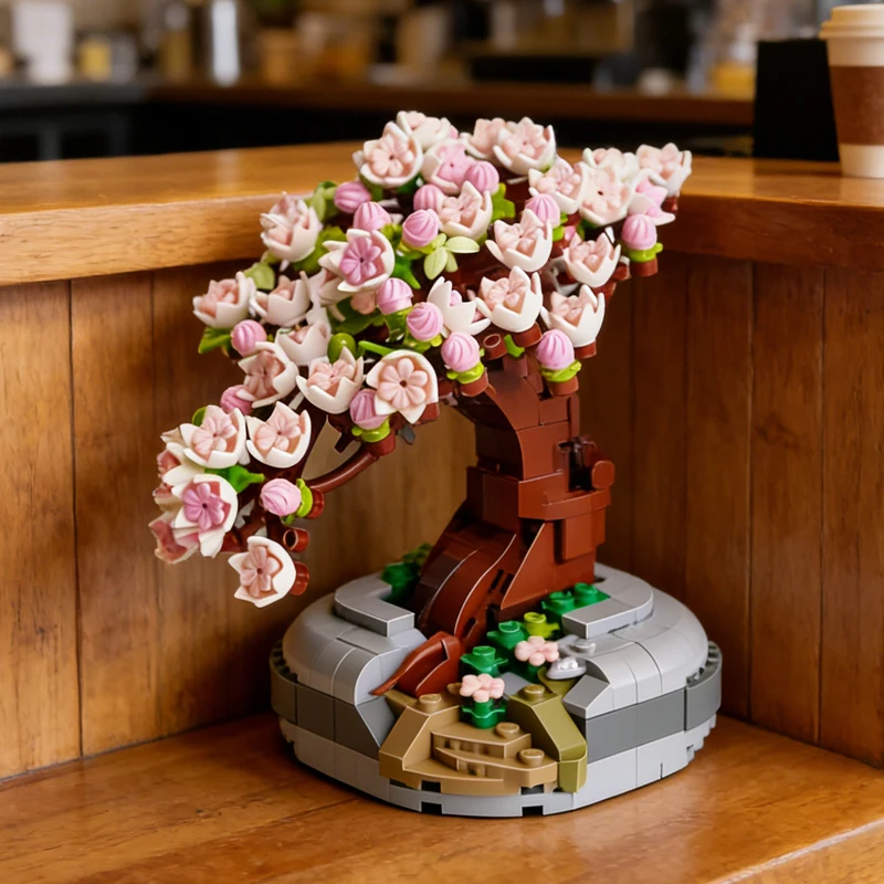Juego bloques construcción bonsái en maceta, flor de cerezo para niños