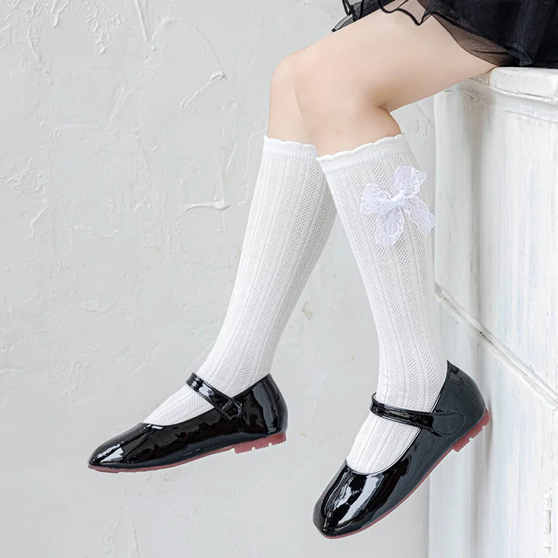 Lolita calcetines altos de encaje floral crema para niñas, lazo - imagen 5