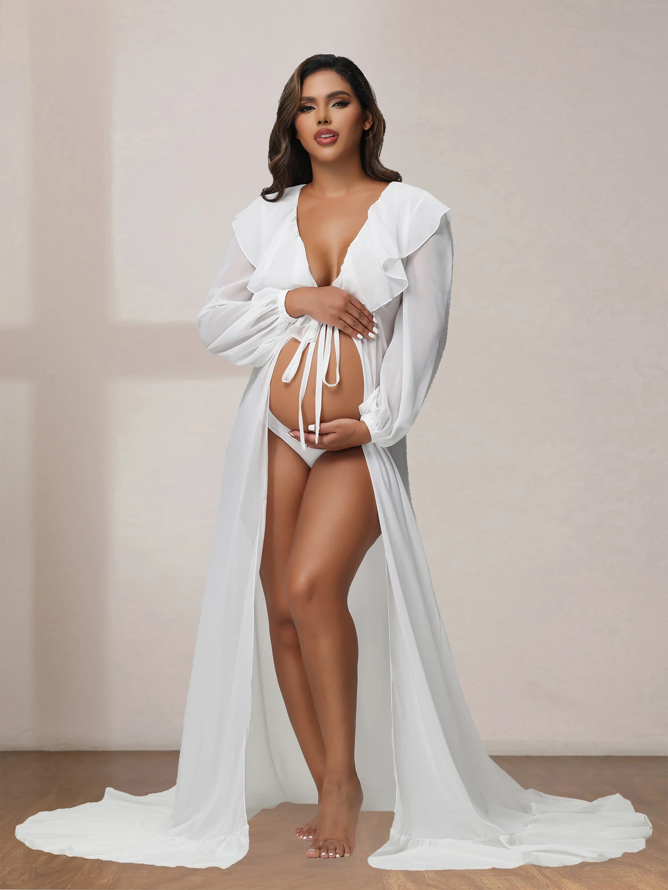 Vestido de gasa largo para embarazo con cuello volantes - imagen 3